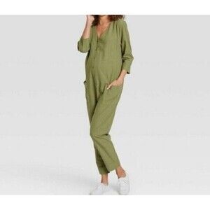 The Nines HATCH Green Maternity Jumpsuit 3/4 Sleeve Button-Front OLIVE XXL Women